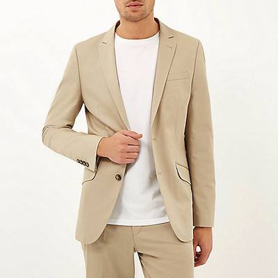 River Island Cream Cotton Woven Skinny Suit Jacket & Trousers