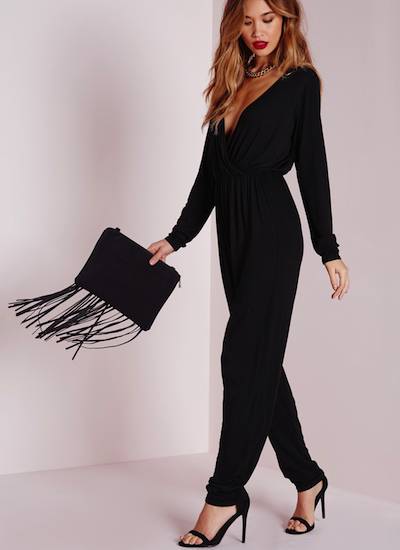 Missguided Black Wrap Long Sleeve Jumpsuit