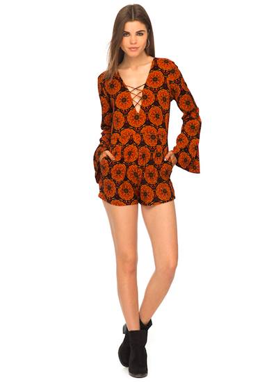 Motel Leam Flute Sleeve Playsuit in Mandala Orange