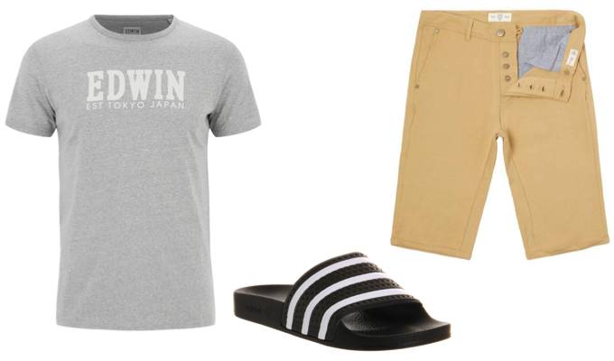 Men's Chino Shorts with Slogan Tee and Sliders