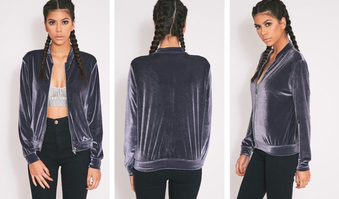 Pretty Little Thing Samirah Grey Velvet Bomber Jacket