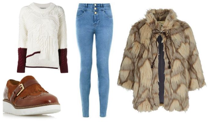 Women's Shaggy Faux Fur Coat & Jeans Outfit Idea