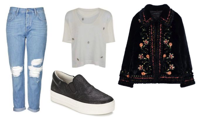 Women's Embroidered Faux Fur Coat Outfit Idea