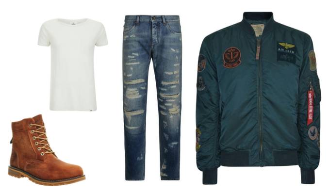 Men's Military Bomber Jacket With Patches Outfit Idea