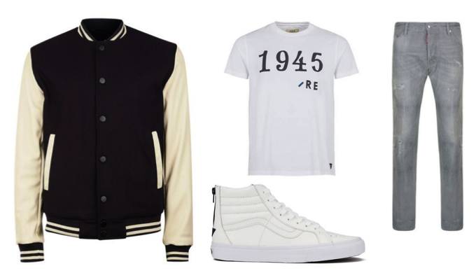 Men's Varsity Bomber Jacket Outfit Idea
