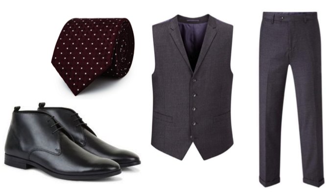Men's Chukka Boots, Suit Trousers & Waistcoat Outfit Idea
