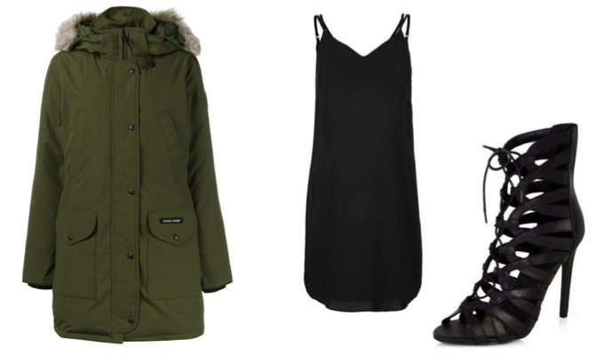 Women's Parka and Slip Dress Outfit Idea