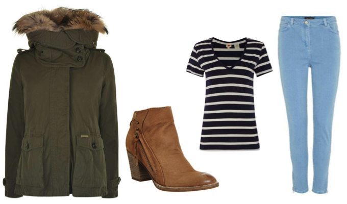 Women's Parka and Breton Top Outfit Idea