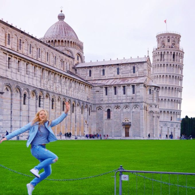 Abigail Royston next to Leaning Tower of Pisa