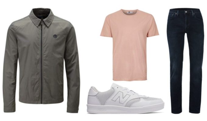 Men's Harrington Jacket, Slim Fit Jeans & Plimsolls Outfit Idea