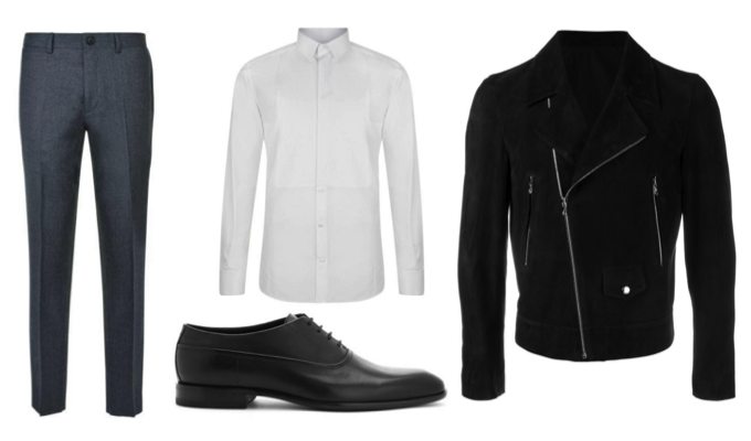 Men's Biker Jacket & Suit Trousers Outfit Idea