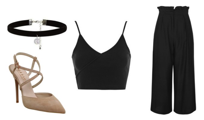 Women's Silky Black Wide Leg Trousers Outfit Idea