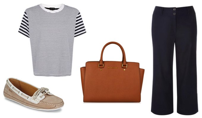 Women's Blue Wide Leg Trousers and Breton Top Outfit Idea