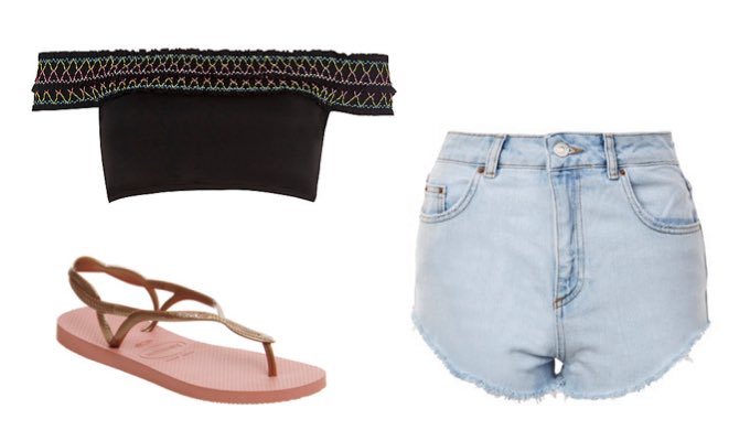 Womens Bardot Bikini Top and Denim Shorts Summer Outfit