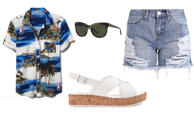 Womens Denim Shorts & Hawaiian Shirt Outfit
