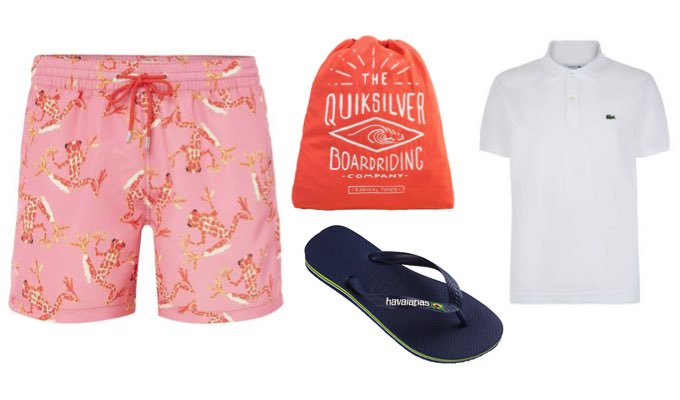 Men's Pink Swim Shorts, Polo Shirt & Flip Flops Outfit