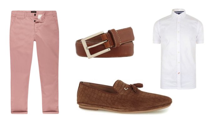 Men's Pink Chinos, White Shirt & Brown Loafers Outfit