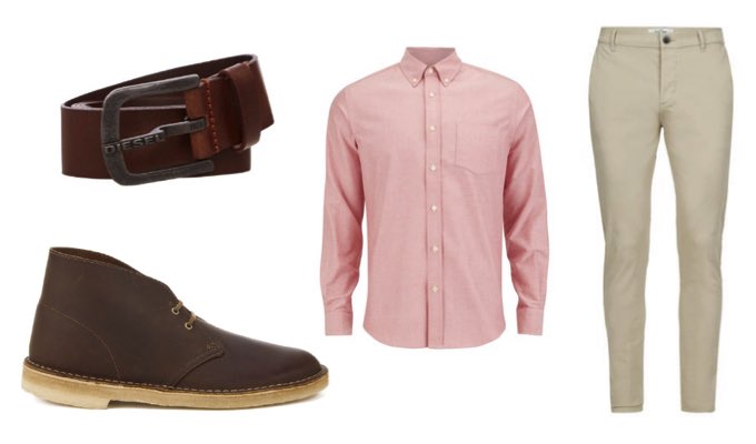 Men's Pink Shirt, Chukka Boots & Chinos Outfit