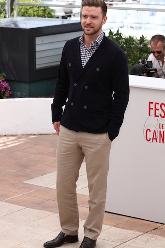 Justin Timberlake Wearing Chinos and Double Breasted Cardigan