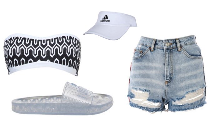 Denim shorts and bikini top outfit for beach BBQ