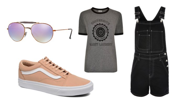 Dungarees and plimsolls outfit for BBQ at home