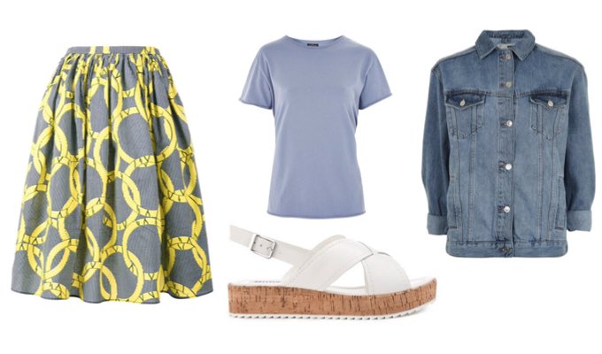 Pleated midi skirt and t-shirt outfit for BBQ with work friends