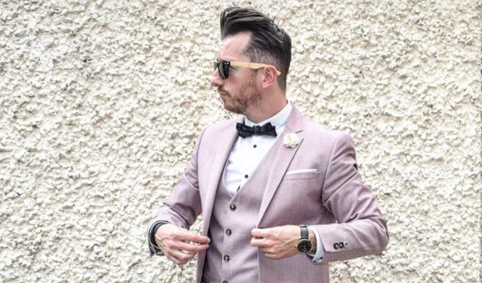 Frank Cronin Wearing Pink Suit, Watches, Sunglasses and Pocket Square