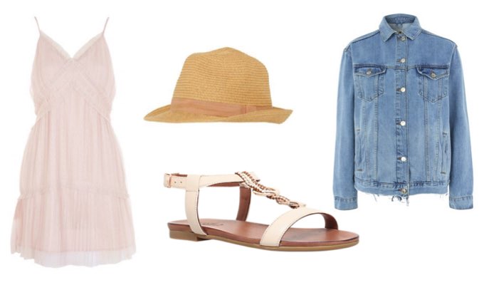 Festival slip dress outfit with denim jacket and sandals