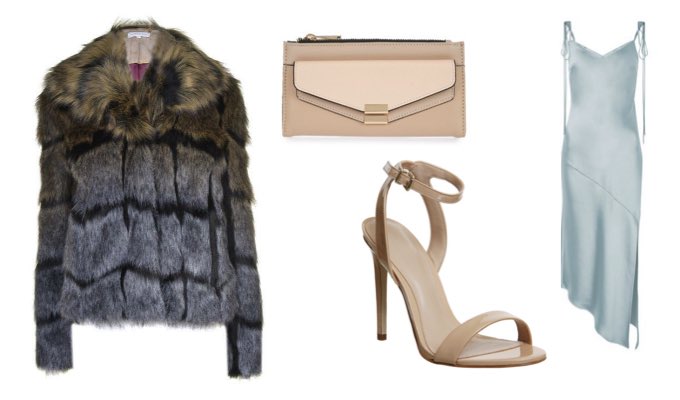 Sexy slip dress outfit with heels and faux-fur jacket