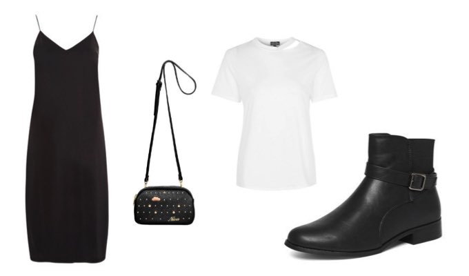 Office slip dress outfit with ankle boots and white t-shirt