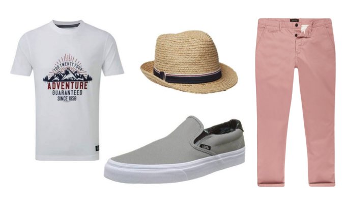Men's Pastel Pink Chinos and Plimsolls Outfit Idea for Holiday