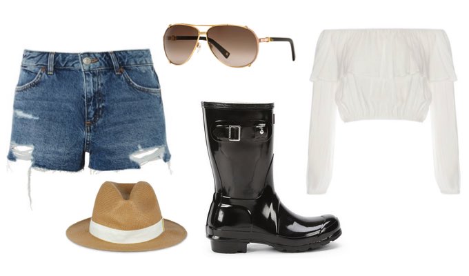 Wedge Wellies and Denim Shorts Outfit Idea
