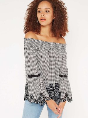 Miss Selfridge Gingham Embroidered Bardot Top