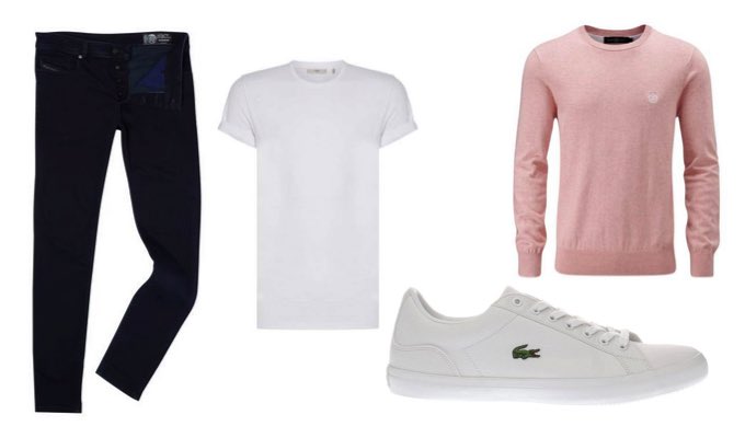 Men's Dark Denim Jeans, White Trainers and Pink Jumper Outfit Idea