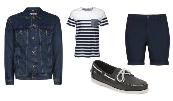 Mens Dark Denim Shorts, Breton T-Shirt and Boat Shoes Outfit Idea