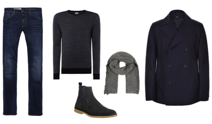 Men's Dark Denim Jeans and Peacoat Outfit Idea