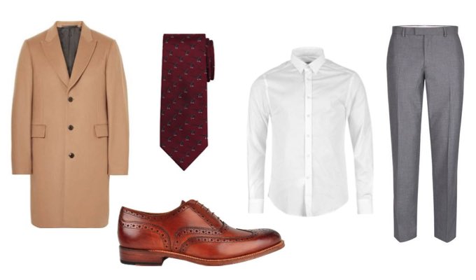 Men's Grey Trousers and Camel Overcoat Outfit