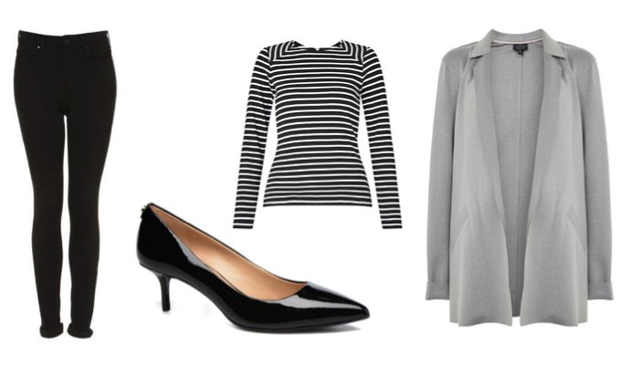 Women's High Waisted Jeans Office Outfit with Blazer and Heels