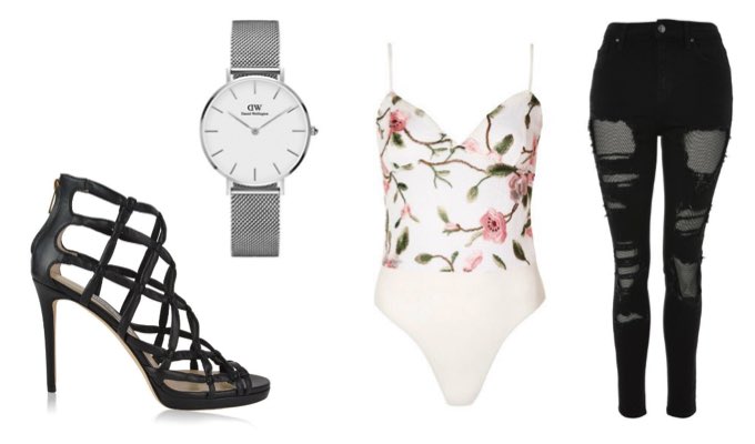 Women's High Waisted Jeans Night Out Outfit with High Heels and Bodysuit