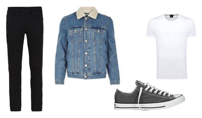 Mens Blue Collared Denim Jacket and Black Jeans Outfit