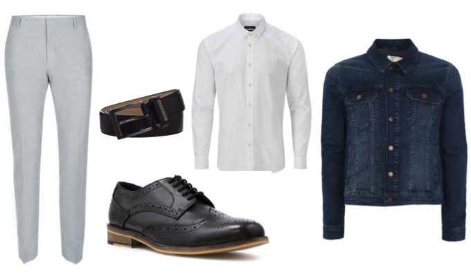 Mens Blue Denim Jacket and Grey Tailored Trousers Outfit