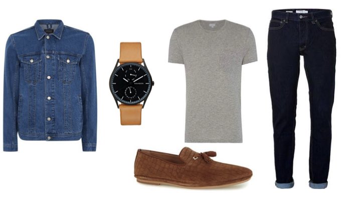 Mens Blue Denim Jacket, Grey T-Shirt and Loafers Outfit
