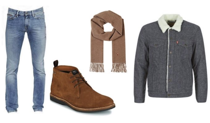 Mens Grey Denim Jacket, Scarf and Chukka Boots Outfit