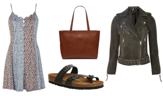 Womens Slip Dress and Grey Biker Jacket Outfit