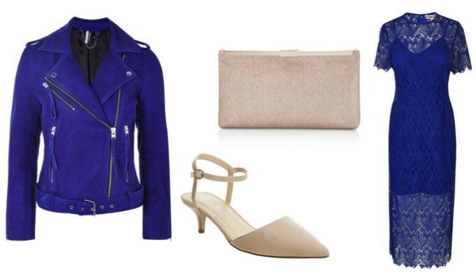 Womens Blue Biker Jacket and Midi Dress Outfit