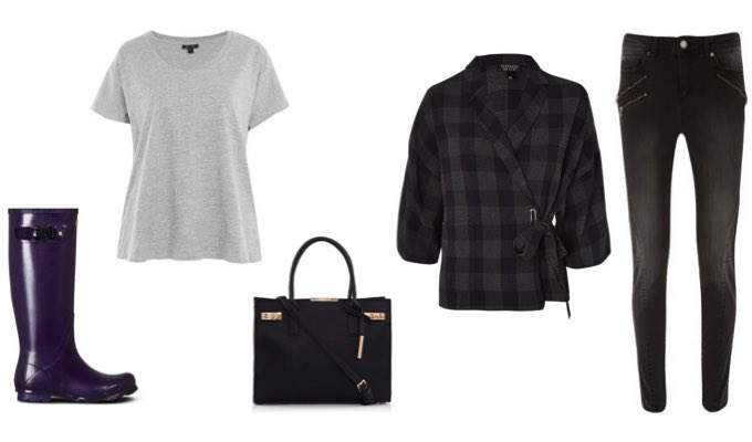 Women's Purple Wellies with Black Jeans and Kimono Outfit