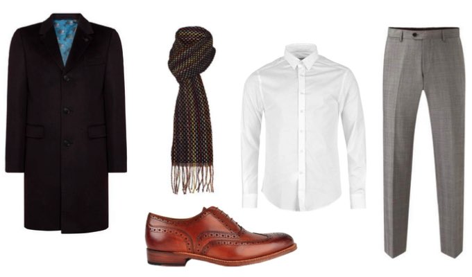 Men's Grey Suit Trousers, Brogues and Overcoat Outfit