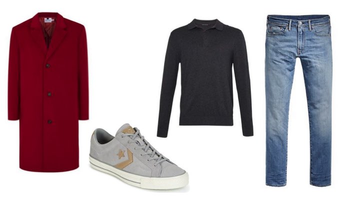 Men's Red Overcoat, Blue Jeans and Trainers Outfit