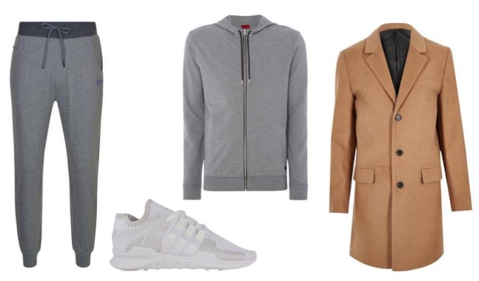 Men's Grey Joggers, Hoodie and Camel Overcoat Outfit
