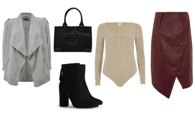 Women's Long Sleeve Bodysuit and Leather Pencil Skirt Outfit